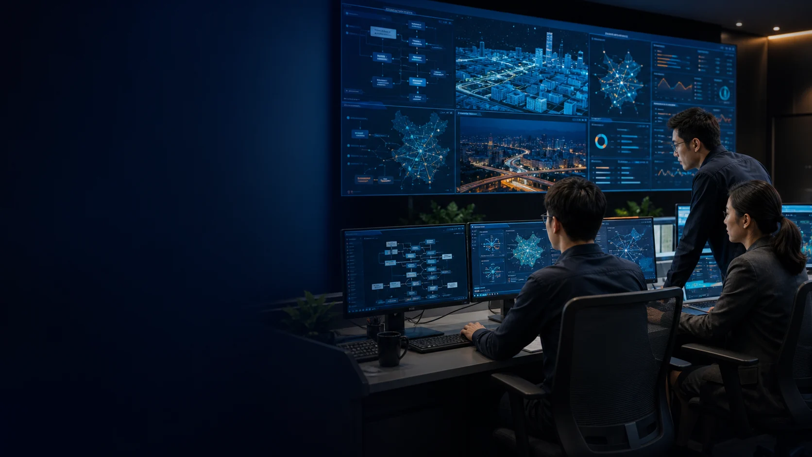 技术人员在企业指挥中心协同查看业务流程、GIS 城市、AI 知识网络与运维监控